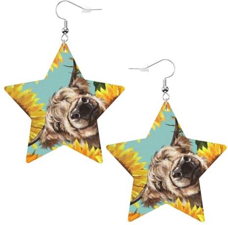 OPSREY Kuh mit Sonnenblumen in Blau gedruckt Mode Stern Ohrring Leder Ohrstecker Baumeln Dekorative Ohrring, Einheitsgröße, Kunstleder