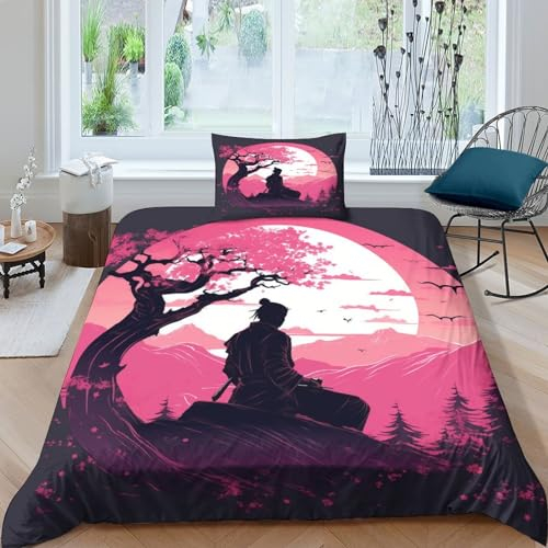 CULPRT Samurai Kinder Bettwäsche Japanisches Ukiyoe Bettbezug Bettwäsche Set,2-teiliges Bettwäsche Set 3D Print Muster Design Bettbezug Sets Set Mit Kissenbezug Und Bettbezug Single(135x200cm)