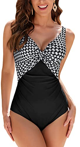 Veranobreeze Costumi da Bagno Interi per Donna Scollo a V Costume Intero Donna con Controllo della Pancia Monokini con arricciature, per Coppe da D a G(Stampa Houndstooth, EU38)
