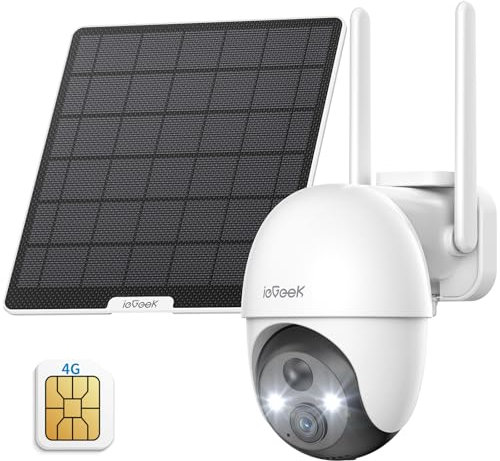 ieGeek 4G LTE Telecamera Esterno con SIM, 2K 360°PTZ Videocamera Sorveglianza Senza Fili con Pannello Solare & Batteria, Visione Notturna a Colori, PIR Rilevamento, Allarme, Audio Bidirezionale, IP66
