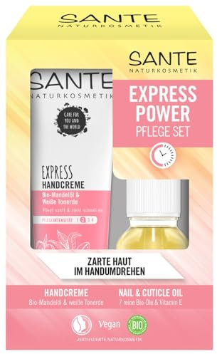 SANTE Naturkosmetik Express Power Handpflegeset, Express Handcreme + Nail & Cuticle Nagelöl mit 7 Bio-Ölen, Pflege für Hände & Nägel, spendet sofortige Feuchtigkeit, 1 Set (75 ml & 15 ml)