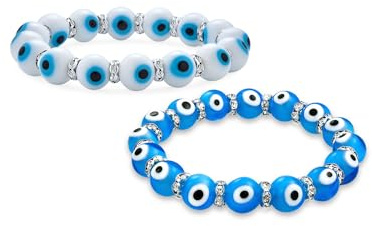 Bling Jewelry Set aus zwei türkischen Weiß-Blau-Bösen-Auge-Glasperlen-Stretcharmbändern für Frauen und Teenager mit Rondell-Kristallabstandshaltern für Schutz und Glück.