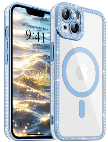 ROSEHUI for iPhone 14 Clear Case [Compatible with Magsafe] Sparkly Plating Magnetic Phone Case with Bling Diamond Rhinestones,Soft TPU Shockproof Camera Protective Cover for Women Girls-Blue