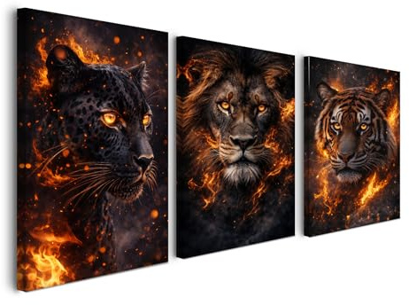 Alptiny Set von 3 Tier Wandbilder 30x40 cm, Feuer Tiger, Leopard und Löwe Leinwandbilder mit Rahmen für Wohnzimmer, Wanddekoration, Mit Aufhängehaken und Nägeln für einfache Montage