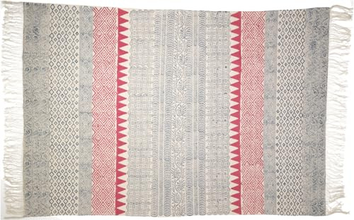 GURU SHOP Handgewebter Blockdruck Teppich 160x95 cm, Traditionelles Design, Indischer Baumwollteppich, Bad Läufer - Rot/blau