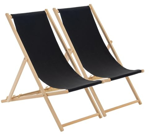 Harbour Housewares Folding Wooden Deck Chairs – Black – Pack of 2 – Adults Traditional Foldable Reclining Outdoor Canvas Sun Lounger Chair Seat for Garden Patio, Beach, Camping