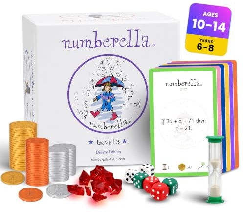 Numberella Deluxe Maths Board Game Level 3 | Ages 10-14 | Algebra, Geometry | KS2-3, Years 6-8. 432 mental maths questions: Algebra, geometry, statistics + more. Advanced 11+, SATs. Data-proven STEM