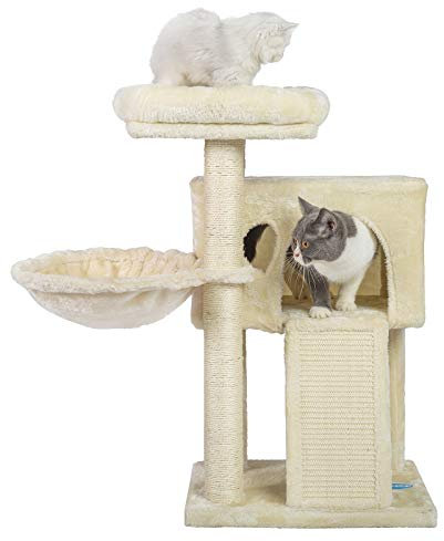 Hey-brother Kratzbaum mit Großer plattform, Kleiner katzenkratzbaum, Vollständig mit Sisal umwickelte Säule, Stabiler katzenbaum mit Kratzbrett, Beige MPJ004SM