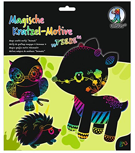 Ursus 24540003F - Magische Kratzel-Motive Tiere, schwarz, mit Regenbogen Effekt, 6 Bogen 250 g/qm, inklusive 1 Bambusstift, Stickeraugen und Kratzanleitung, ideal als Geschenk, bunt