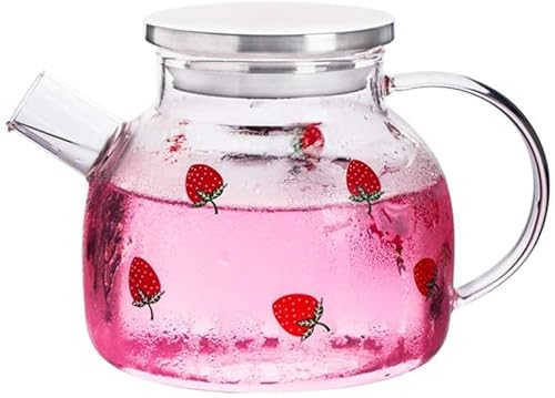 YDSLZQ Tetera de Gran Capacidad, Tetera de Vidrio Transparente Resistente al Calor con patrón de Fresa para Preparar té, Leche, Jugo, café