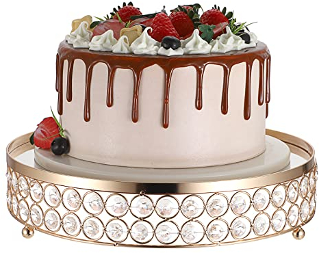 SUMNACON Crystal Metal Cake Display Stand Pedestal with Round Mirror Top Plate, Diameter 30CM Home Decor Cupcake Stand Holder Dessert Stand Plate for Wedding Birthday Party (Gold)