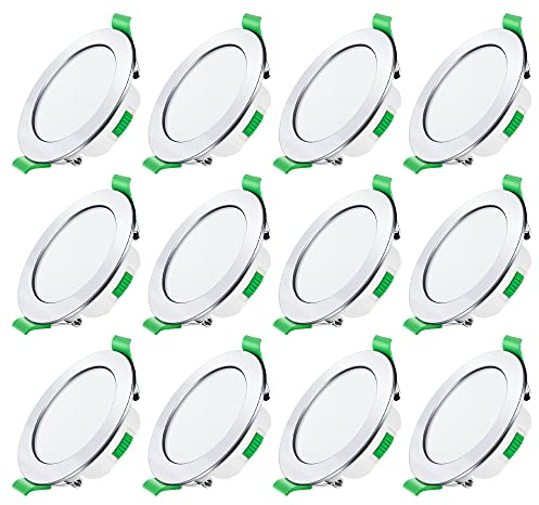 LED Einbaustrahler 230V Dimmbar Ultra flach 7W Deckenspots IP44 Einbauleuchten Deckenstrahler Warmweiß 3000K Neutralweiß 4000K Kaltweiß 6500K Einbauspots für Badezimmer Wohnzimmer, Chrom, 12er Set