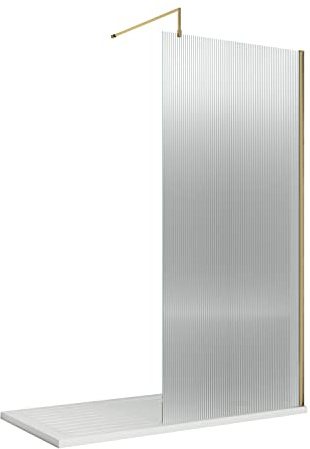 Hudson Reed WRFL19510BB Fluted Modern Bathroom Fluted 8mm Toughened Safety Glass Wetroom Screen with Support Arm, 1950mm x 1000mm, Brushed Brass