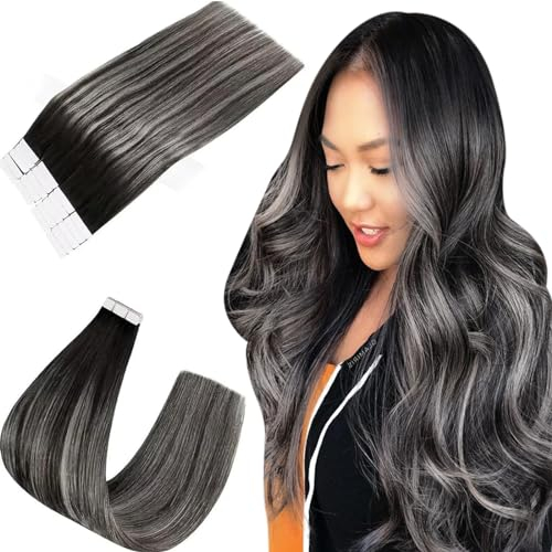 Easyouth Tape Extensions Echthaar Ombre Tape in Haarverlangerung Off Black Mix Silber und Off Black Tape Echthaar Extensions Remy Glatt 30 cm 30g 20pcs #1B/Silver/1B