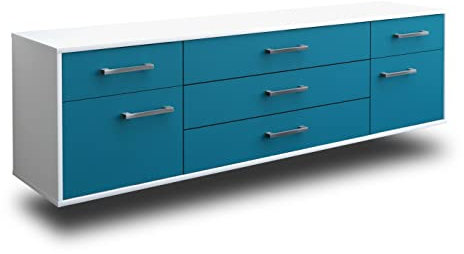 Lqliving TV-Board Lowboard Benita, Wandmontiert, Korpus in Weiss matt, Front im trendigem Türkis (180x49x35cm), mit Metall Griffen, Made in Germany