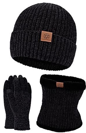 Mutze Schal Set Damen Schwarz, Mütze Schal Handschuh Herren Winter Set, 3-in-1 Stricken Wintermütze Beanie Schal und Handschuhe Touchscreen, Winter Schal und Mütze Thermo Handschuhe Geschenkset