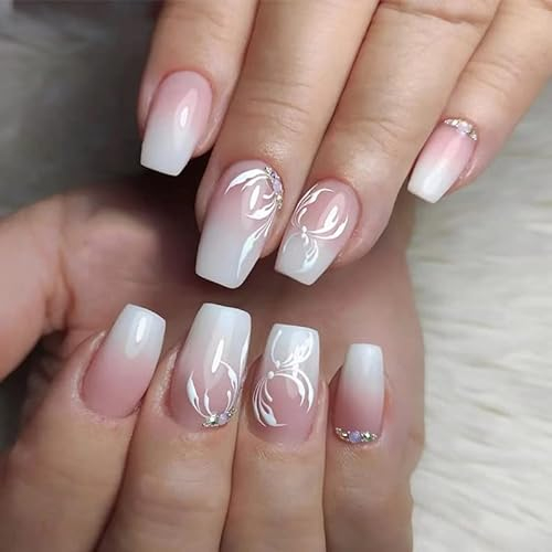 Sethexy Ombre Kurz Ballerina Nägel zum AufklebenRosa Farbe Press on Nails mit Kristall Fake Nails Hochzeit 24Stück Acryl klebenagel für Frauen und Mädchen