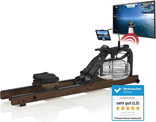 FitEngine Wasser-Rudergerät Smart | Realistisches Rudergefühl durch Wasserwiderstand | Ergonomischer Sitz und Halterung für Tablet und Smartphone | Wireless Connection | Kompatibel mit Kinomap