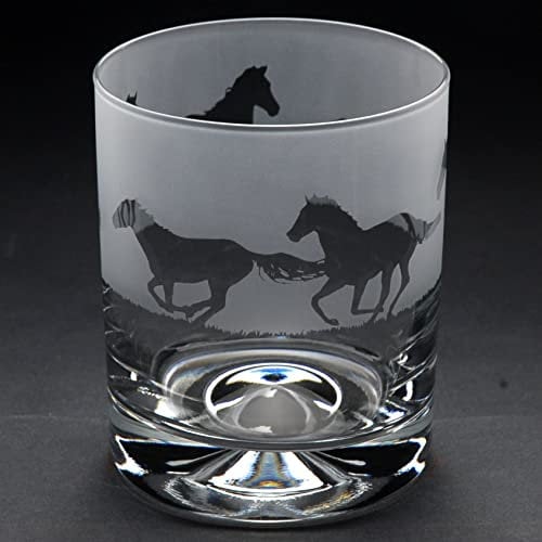 GLYPTIC GLASS ART 'Galloping Horse' Hand Etched/Engraved Whiskey Tumbler Glass