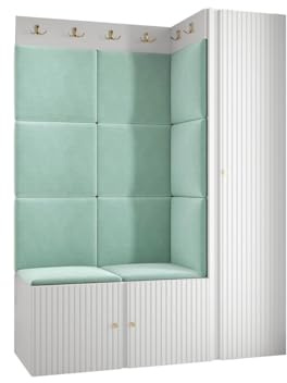 Mirjan24 Garderoben-Set Kirtan Slim IX, Kleiderschrank, Schuhschrank mit 6 Fächer + Kleiderhakenbrett, Gepolstertes Paneel/Wandpaneel, 4 Doppelhaken, Flurgarderobe Wandgarderobe (Weiß, Manila 11)