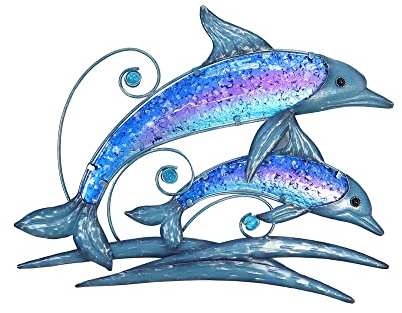 ORIGEN Wanddeko, Metall und Glas, XL: zwei Delfine und blaue Korallen, tropisches Design, Höhe 34 cm