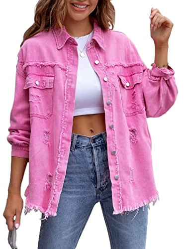 Awoyep Oversized Jeansjacken für Damen, Lose, Langärmlige Jean Jacke mit Modischer Zerrissenheit, Lässige Basic Jeansjacke mit Lange Casual Waschung (Color : Pink, Size : M)
