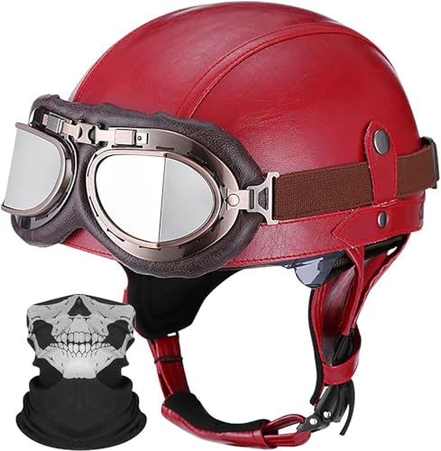 Deutschen Retro Motorrad PU Leder Helm Open Face Motorradhelm mit Schutzbrille ECE-Zulassung Motorradkreuzer-Rollerhelm im Scooter Mofa-Helm Vintage Jethelm für Herren Damen Red,M