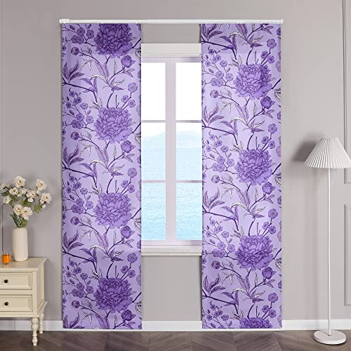 ESLIR Schiebegardinen Blickdicht Flächenvorhänge Set 2er Schiebevorhang Wohnzimmer Gardinen mit Klettband Landhaus Vorhang Blumenmuster Lila BxH 57x225cm 2 Stück