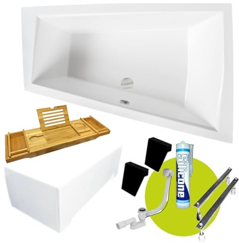 ECOLAM Baignoire trapézoïdale pour deux Intima Duo 170x125 cm droite | tablier acrylique | 2x appuie-tête noir | Planche en Bambou | siphon Alcaplast + Pieds + silicone
