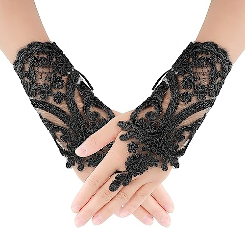 Yolev Damen Fingerlos Spitze Handschuhe Kurz Blumen Bestickt - Schwarze Teeparty Opernball Hochzeit Party Halloween Kleid Accessoires