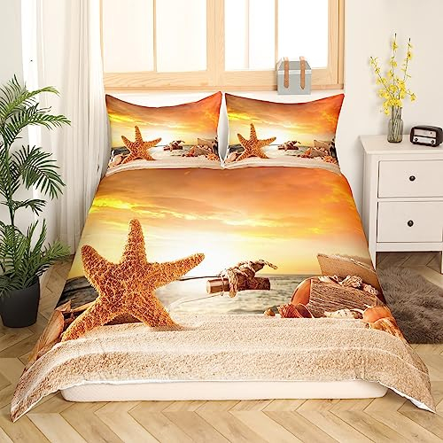 Seesterne Bettwäsche Set Jungen Ozean Theme Bettbezug 135x200,Shell Conch Strand Tröster Abdeckung Seaside Hawaiian Urlaub Stil Bettbezug Weiche Mikrofaser Bettwäsche mit 1 Kissenbezug