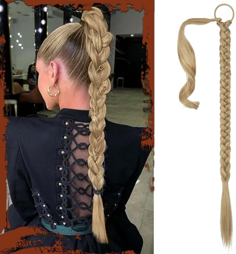 Sofeiyan Braid Extensions Pferdeschwanz Verlängerung mit Haargummi 76cm Lange Geflochtener Ponytail Verlängerung Aschblond Natürliches Haarverlängerung Synthetisches Zopf Haarteil für Damen