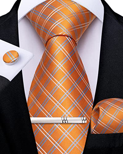 DiBanGu Herren Orange Karierte Krawatte formelle Seiden-Krawatte & Einstecktuch Manschettenknöpfe Krawattenklammer Hochzeitsfeier Abschlussball Set