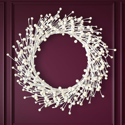 TOKCARE Pearl White Pip Berry Wreath for Front Door, 20 Inch Winter Wreaths Wall Hanging Outdoor, Farmhouse, Porch, for Spring Summer Fall All Seasons Holiday Valentines Day Wreath Decorations