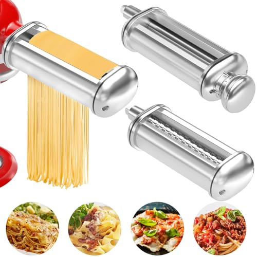 Pasta Maker Attachment for All Kitchenaid Stand Mixers, 3 PCS Kitchen Aid Pasta Attachments Included Pasta Dough Roller, Fettuccine Cutter, Spaghetti Cutter and Cleaning Brush