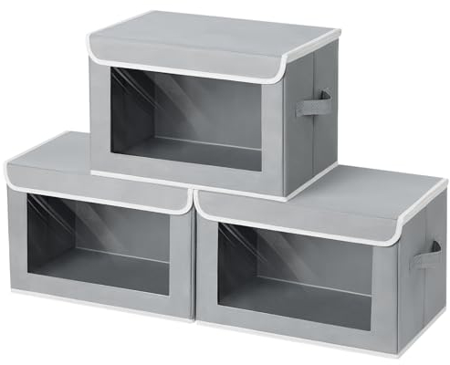 Homsorout Storage Boxes with Lids - 3 Packs Fabric Wardrobe Bins Clothes Organisers Foldable Baskets for Books, Closet, Shelf, Bedroom - Grey and White