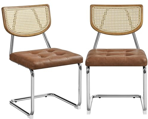 Yaheetech 2-er Set Küchenstuhl Rückenlehne aus Rattan Esszimmerstühle Schwingstuhl mit Metallgestell Polsterstuhl fürs Esszimmer/Küche/Wohnzimmer/Restaurant, Kunstleder, Retro-Braun