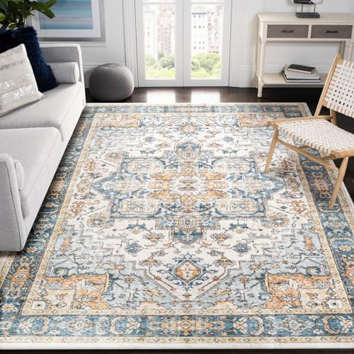 Carvapet Läufer Teppich 150x210cm rutschfest Lang Teppichläufer Waschbar Mikrofaser Vintage Medaillon Blau Teppich Flächenteppich Laufteppich