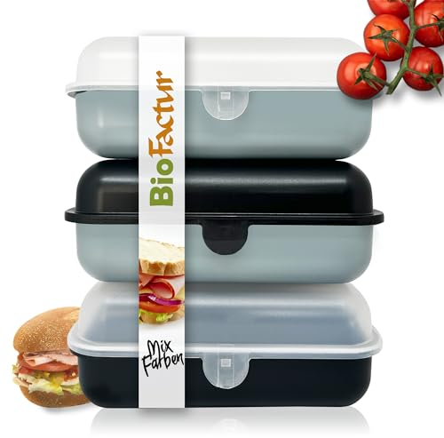 BioFactur Brotdose Erwachsene,Kinder | 3er Jausenbox Kinder | BPA Frei Vesperbox | Butterbrotdose SpüLmaschinenfest | Austauschbarem Deckel | Frühstücksbox | Made in Germany (3 er Schwarz-Grau)