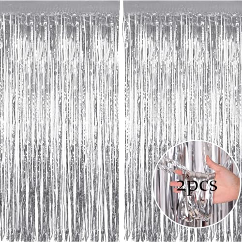 2pcs 3.2ft x 6.5ft Foil Fringe Curtain Door Curtains, Metallic Tinsel Curtains Streamers for Birthday Graduation Wedding Engagement Bridal Shower Bachelorette Holiday Party Decoration (Silver)