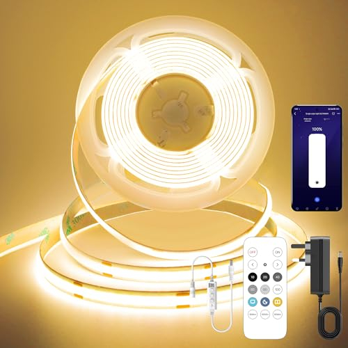 FUIQI Striscia LED COB5 metri,striscia led cob bianco caldo 2700K,24V Smart app e telecomando Striscia LED dimmerabile,320LED/M,CRI>90, larghezza,adatto per camere da letto,cucine,armadi