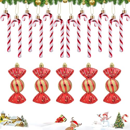 17 Stück Weihnachtskugeln, Dekokugeln, Zuckerstange, Glitzerkugeln, Dekoration, Weihnachtsbaumschmuck, Süßigkeiten-Anhänger, Glitzer, Candy Hund Charms Dekorationen