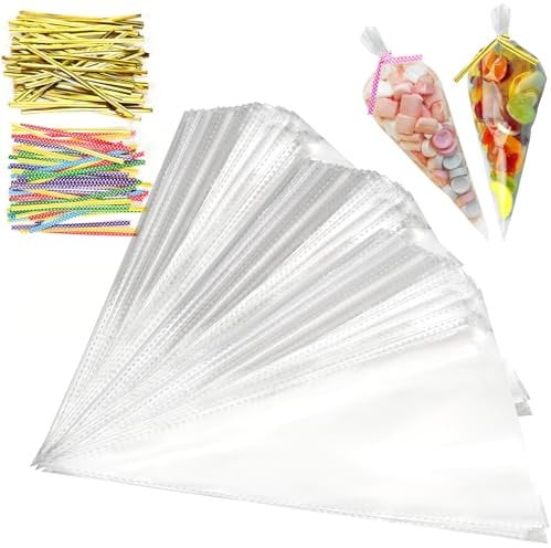 Tigvio 100 Stück Spitztüten, 25x15 cm Süßigkeiten Tüten, Spitztüten Süßigkeiten mit 100 Twist Ties, Candybar Tüten für Popcorn Schokolade Bonbons Kekse, Cellophantüten für Weihnachten Hochzeit Ostern
