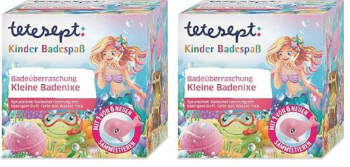 tetesept KIDS Badeüberraschung Kleine Badenixe – Sprudelnde Badekugel mit Meerestier-Sammelfigur – Rosa Sprudelspaß und hautpflegende Rezeptur – 1 x 140 g (Packung mit 2)