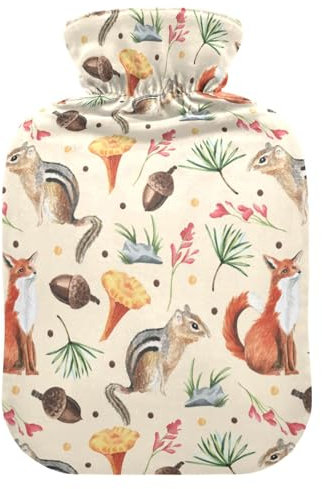 Wärmflasche mit Bezug, Eichhörnchen Fuchs Pilz 1L Auslaufsicher Wärmbeutel für Hand Füße Wärmer Nacken Schulter Rücken Muskel Schmerzlinderung Kaltkompresse