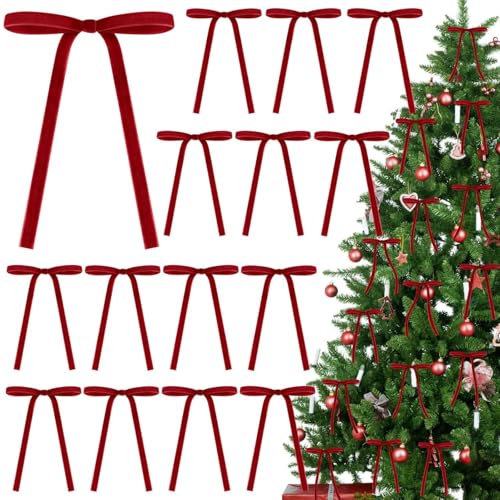 WANWEN 30 Stück Tannenbaum Schleifen Samt, Samt Schleifen Weihnachtsbaum, Samt Schleifenband Rot, Samt Schleifen Baum, für Christbaumschmuck, Girlande, Hochzeit (Red)