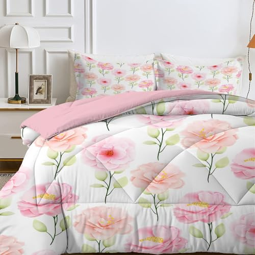 LSSLK Weiße Blumen Bettdecke 180x220 4 Jahreszeiten, Wende Rot Gemustert Steppdecke Schlafdecke Bettdecke ohne Bezug Waschbar, Weiche Ganzjahresdecke 180x220 mit 2 Kissenbezug 80x80 cm
