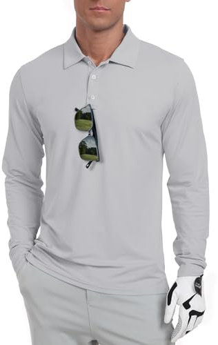 QIXING Men's Golf Polo Shirts Long Sleeve UPF 50+ Lightweight，Quick Dry Performance Collar Summer Tops for Golf, Fishing, Tennis(Gray, L)