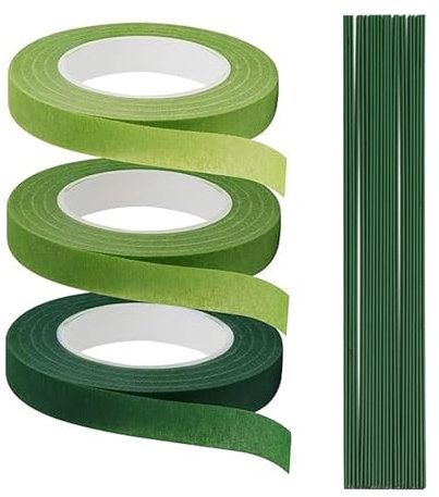 CANCYCC 3 Rollen Floristenband mit 100 Stück Grün Blumendraht, 12 mm Floristik Kreppband, Selbstklebend Blumenband Floristikdraht für Blumenstrauß Stiel Verpacken und Blumenhandwerk 27m/Rolle