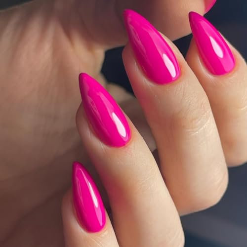 SXVME Hot Pink False Nails Almond Medium, Neon Press on Nails Almond Solid Color Full Cover Fake Nails Press on Medium Stiletto Stick on Nail for Women DIY Nail Art 24 Pcs